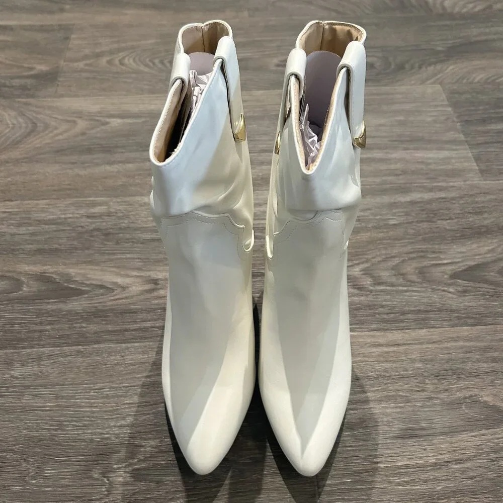 NEW Lulus Size 9 Taryne White Pointed Toe Boots Booties Faux Leather Block Heel